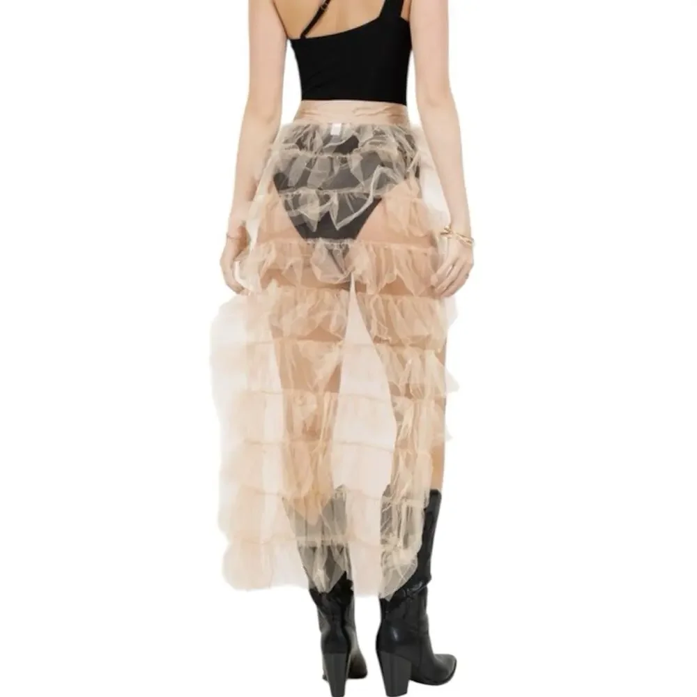 Tiered Tulle Ruffle Sheer Pettiskirt Skirt Tie Front Size L Cream Coquette NWT